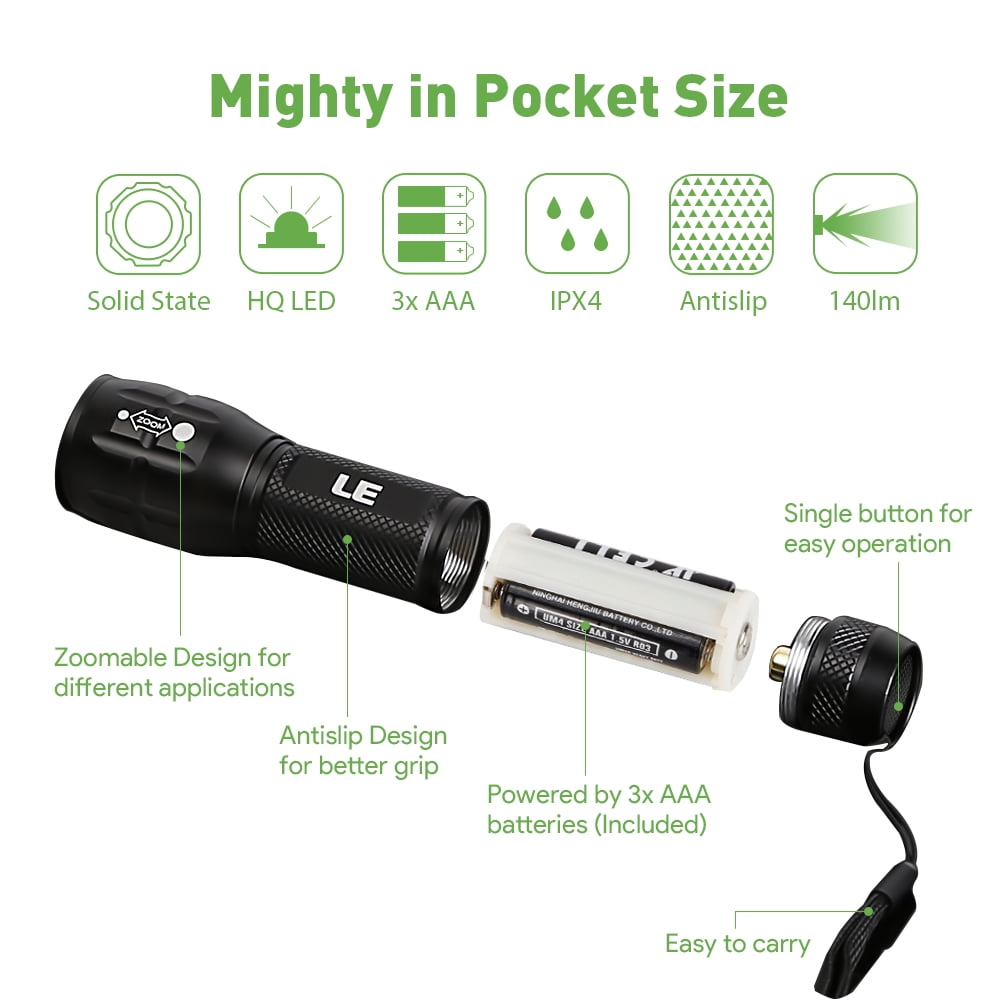LE 2-Packs LED Flash Light LE1000 High Lumens, Multifunction Mini Tactical Flashlight , Zoomable, Waterproof, Adjustable Brightness Camping Accessories for Outdoor, Emergency , AAA Batteries Included