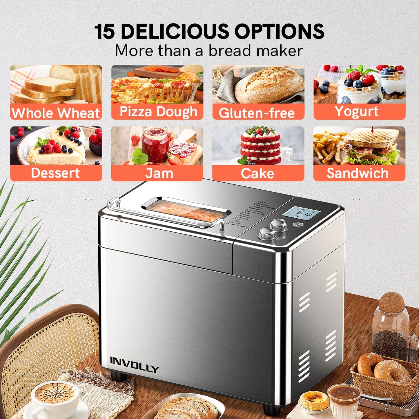 CalmDo CalmDo-CD-BM1KG Involly Bread Machine, 2.2LB Bread Maker 15-in-1 Toaster Maker with Fruit and Nut Dispense, LCD Display, Stainless Steel