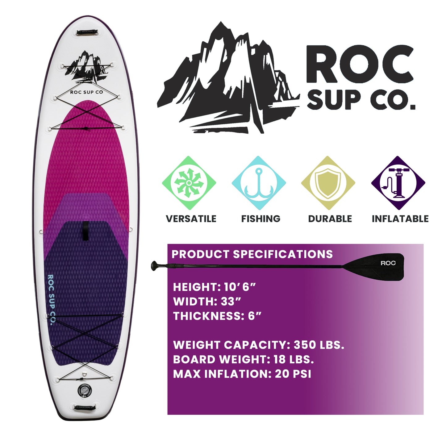 Roc Inflatable Stand Up Paddle Board with Premium sup Accessories & Backpack, Non-Slip Deck, Waterproof Bag, Leash, Paddle and Hand Pump