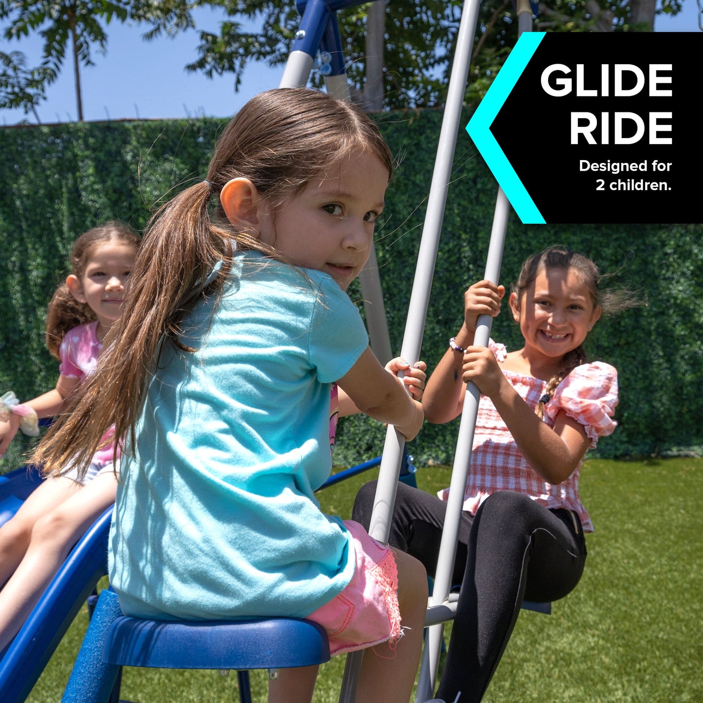 Sportspower Arcadia Metal Swing Set with Trapeze, 2 Person Glider Swing, and Lifetime Warranty on Blow Molded Slide