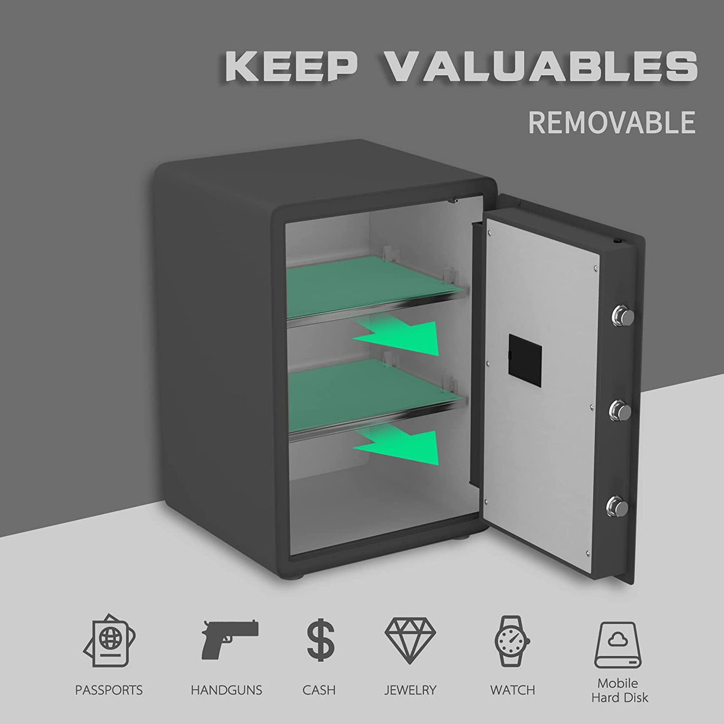 Reliancer Biometric Safe Box - 2.7 Cubic Feet Auto-Open Fingerprint Safe with 2Removable Shelf, Sensor Light,Full Felt Lining - Q345 Alloy Steel Home Safe - Luxury Cabinet Safe for Home Office Storage
