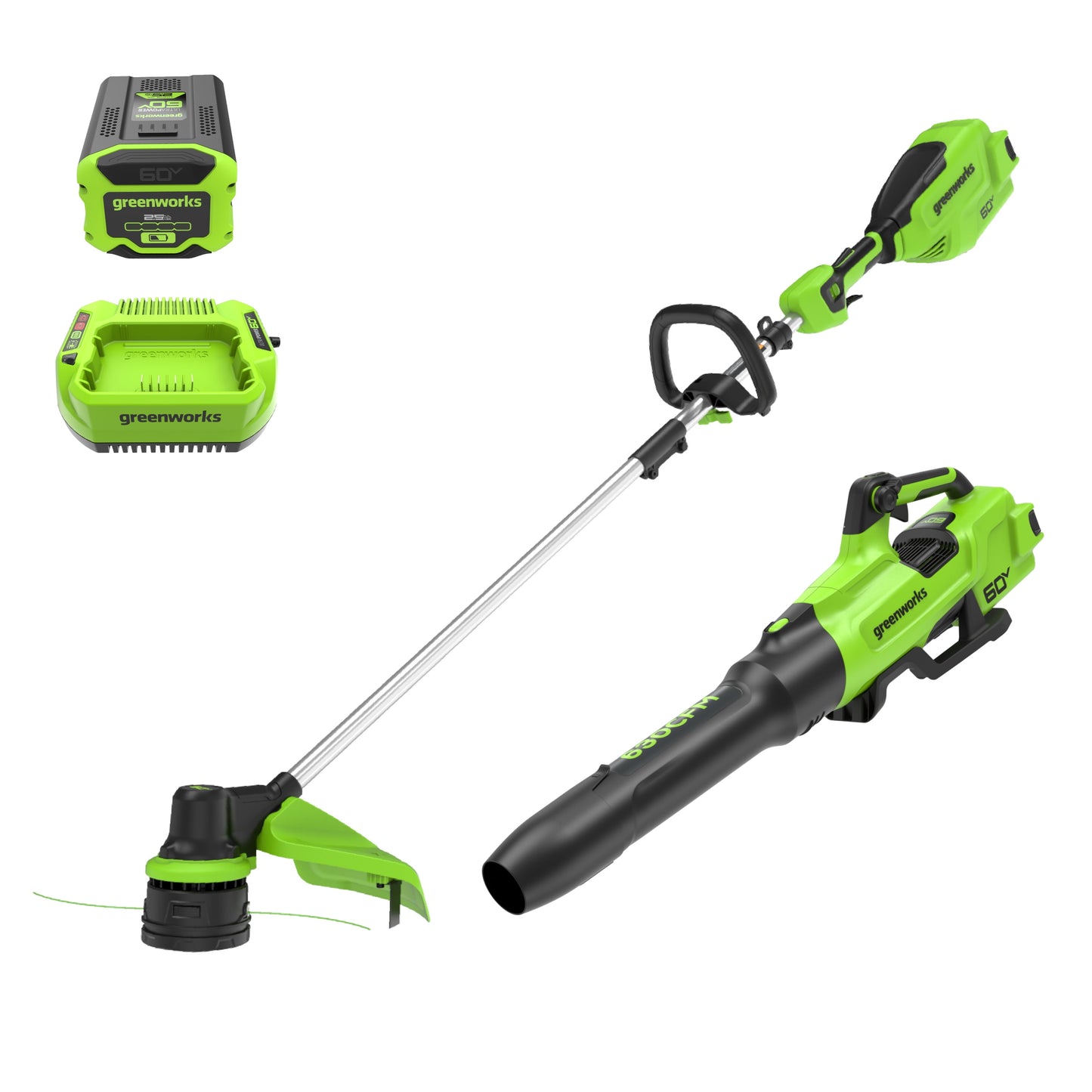 Greenworks 60V 16" String Trimmer & 630 CFM 170 MPH Blower Combo Kit with 2.5Ah Battery & 3 Amp Charger 1359802