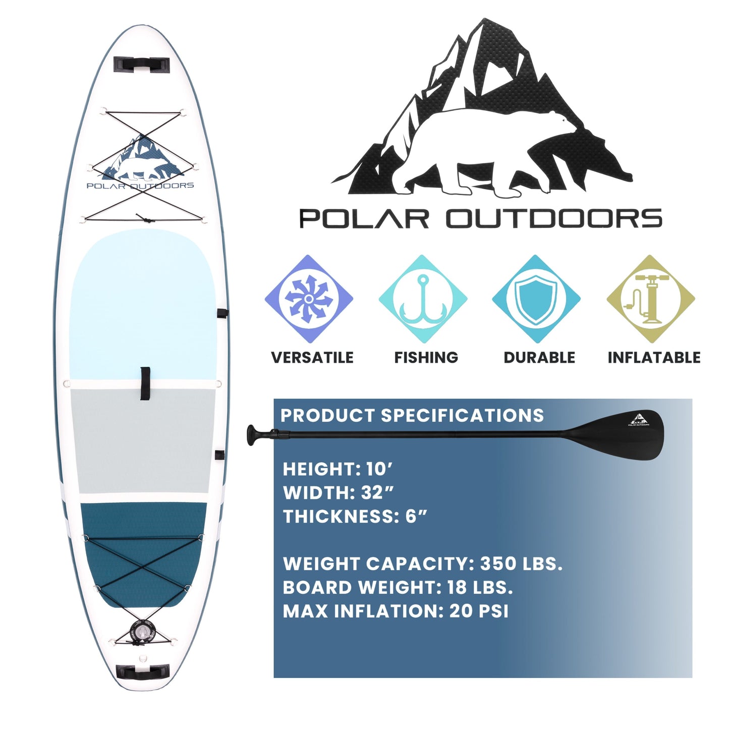 Roc Inflatable Stand Up Paddle Board with Premium sup Accessories & Backpack, Non-Slip Deck, Waterproof Bag, Leash, Paddle and Hand Pump
