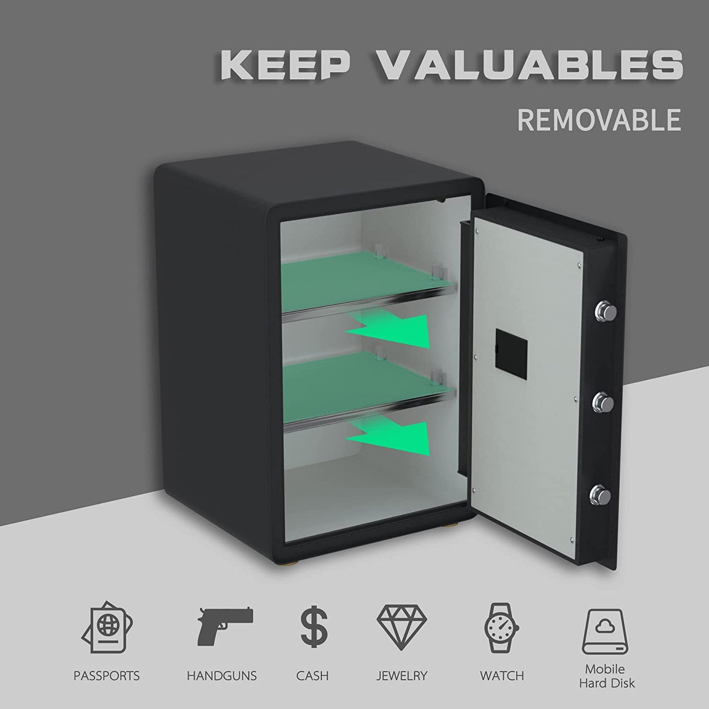 Reliancer Biometric Safe Box - 2.7 Cubic Feet Auto-Open Fingerprint Safe with 2Removable Shelf, Sensor Light,Full Felt Lining - Q345 Alloy Steel Home Safe - Luxury Cabinet Safe for Home Office Storage