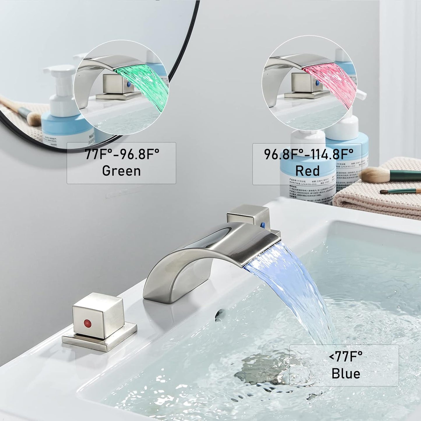 Zovajonia 3 Hole Bathroom Faucet, Matte Black Dual Crystal Knobs Vanity Basin LED Sink Faucet Mixer Bronze Bath Faucets,Widespread bathroom faucets for sink 3 hole Waterfall Tub Faucet