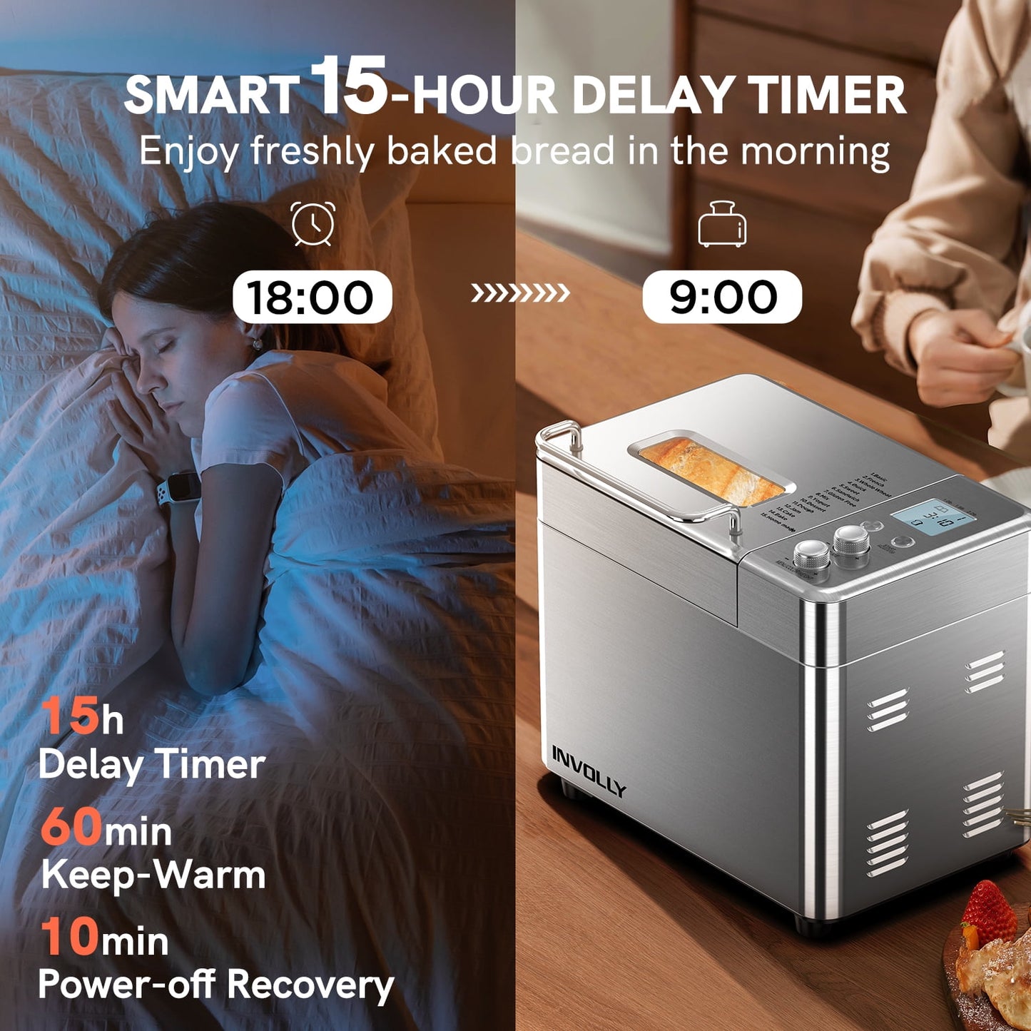 CalmDo CalmDo-CD-BM1KG Involly Bread Machine, 2.2LB Bread Maker 15-in-1 Toaster Maker with Fruit and Nut Dispense, LCD Display, Stainless Steel