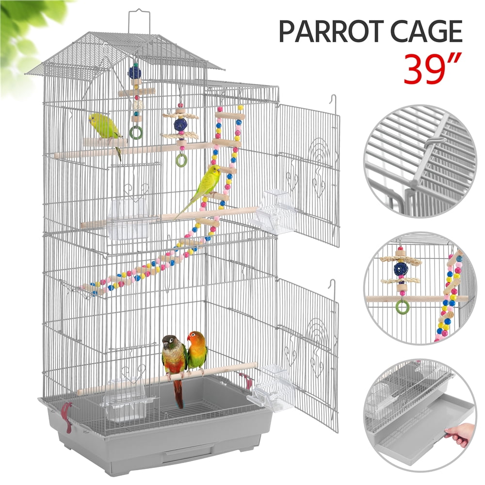 SmileMart 39" Metal Bird Cage with Perches and Toys, Black