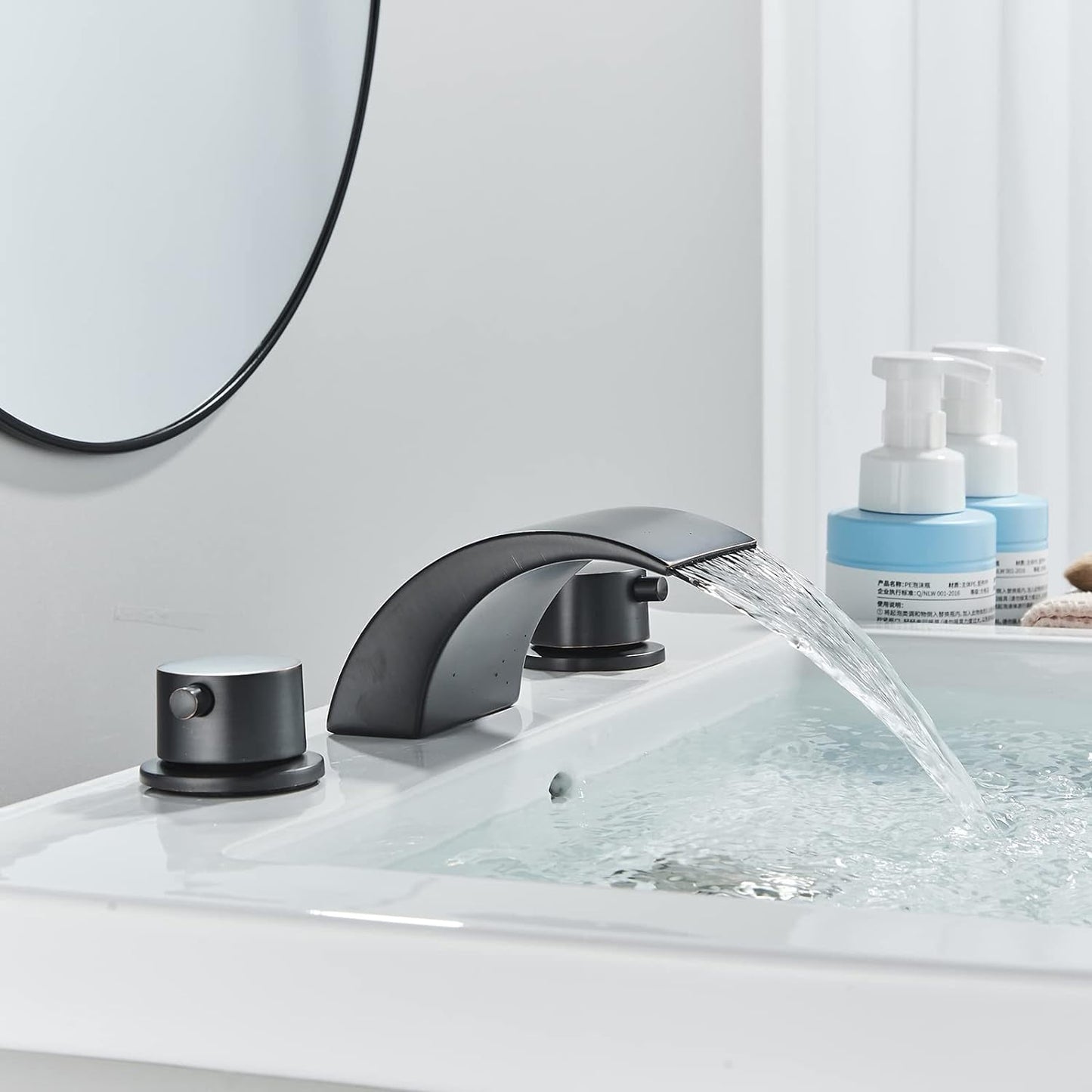 Zovajonia 3 Hole Bathroom Faucet, Matte Black Dual Crystal Knobs Vanity Basin LED Sink Faucet Mixer Bronze Bath Faucets,Widespread bathroom faucets for sink 3 hole Waterfall Tub Faucet