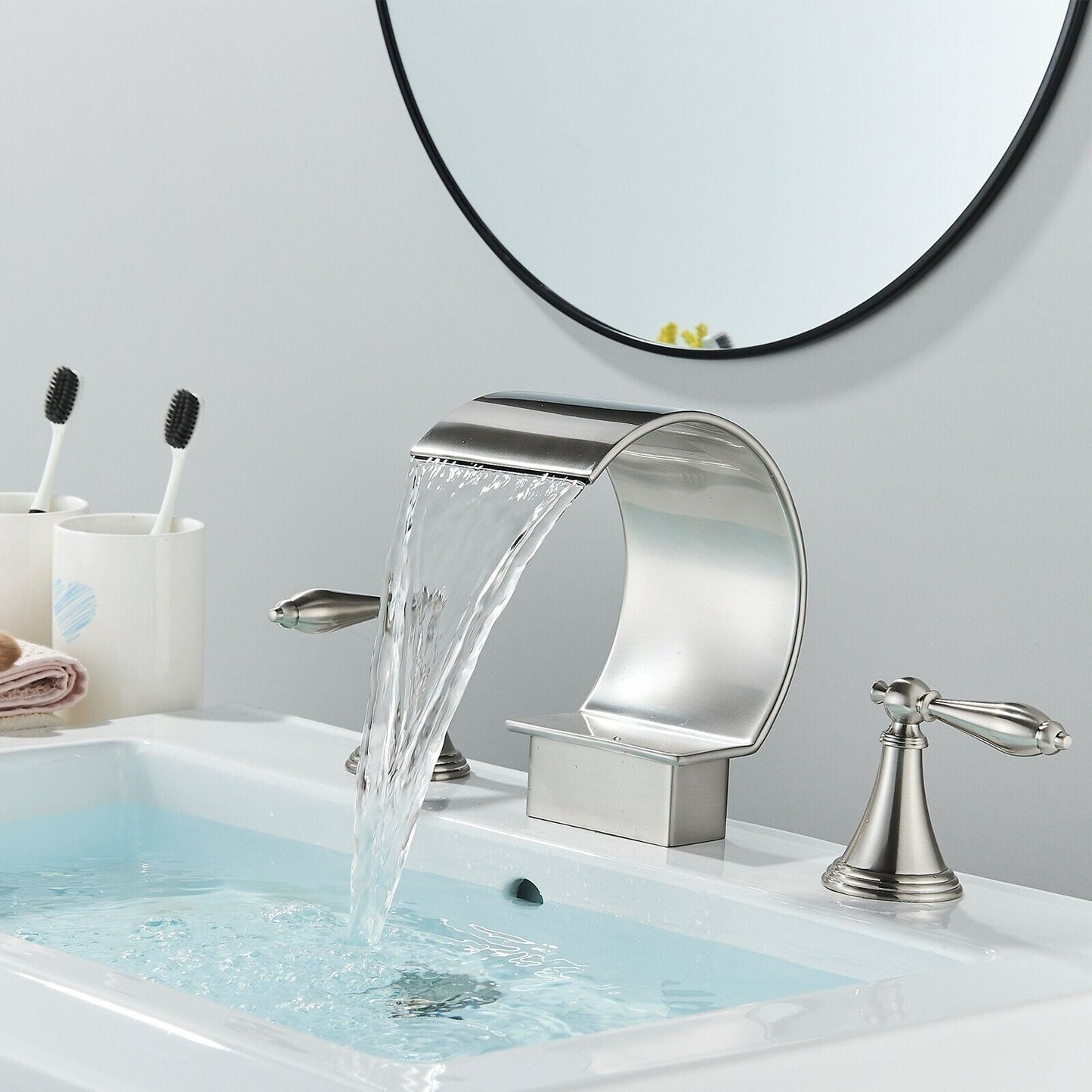 Zovajonia 3 Hole Bathroom Faucet, Matte Black Dual Crystal Knobs Vanity Basin LED Sink Faucet Mixer Bronze Bath Faucets,Widespread bathroom faucets for sink 3 hole Waterfall Tub Faucet