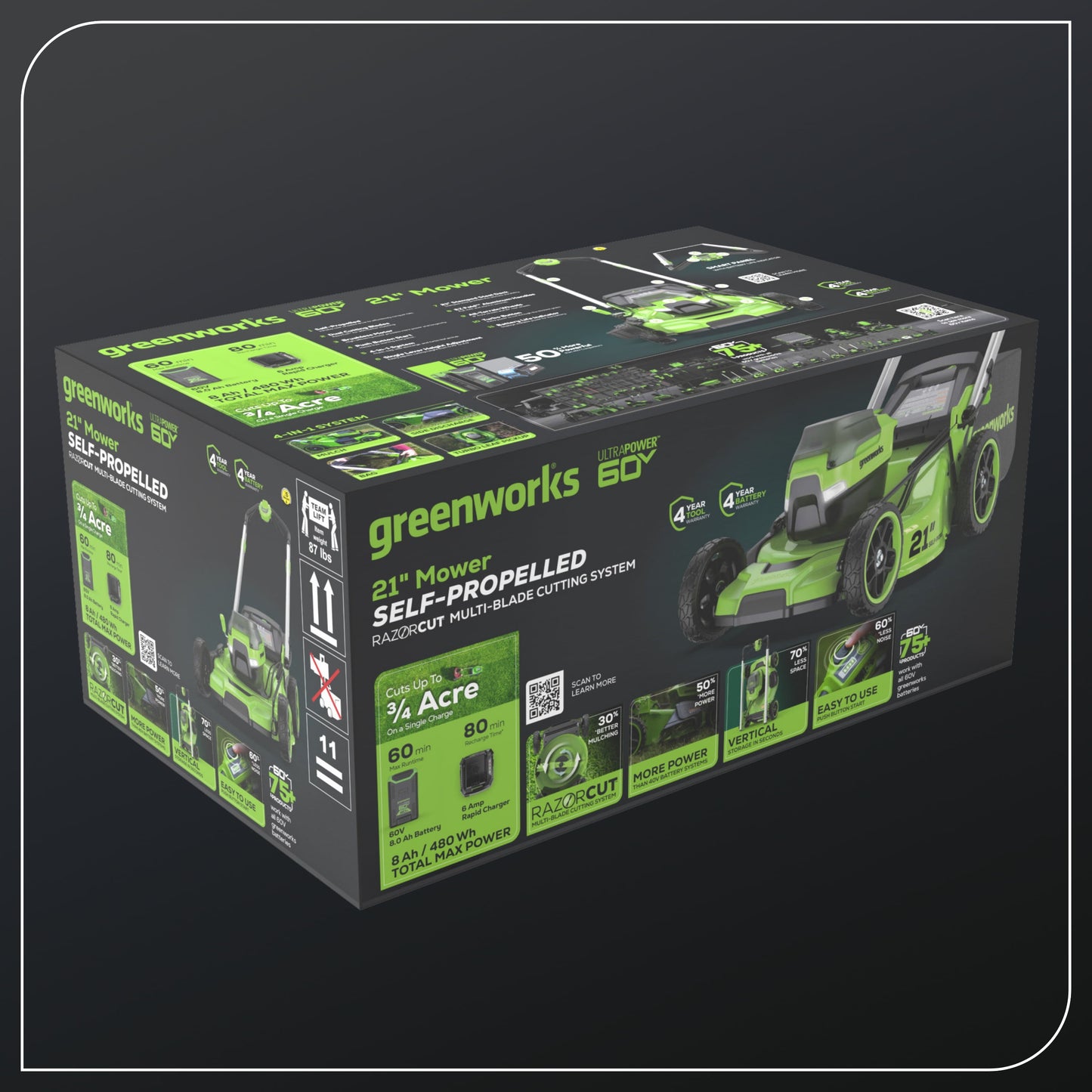 Greenworks 60V 21" Self Propelled Lawn Mower with 8.0 Ah Battery & Rapid Charger 2546402