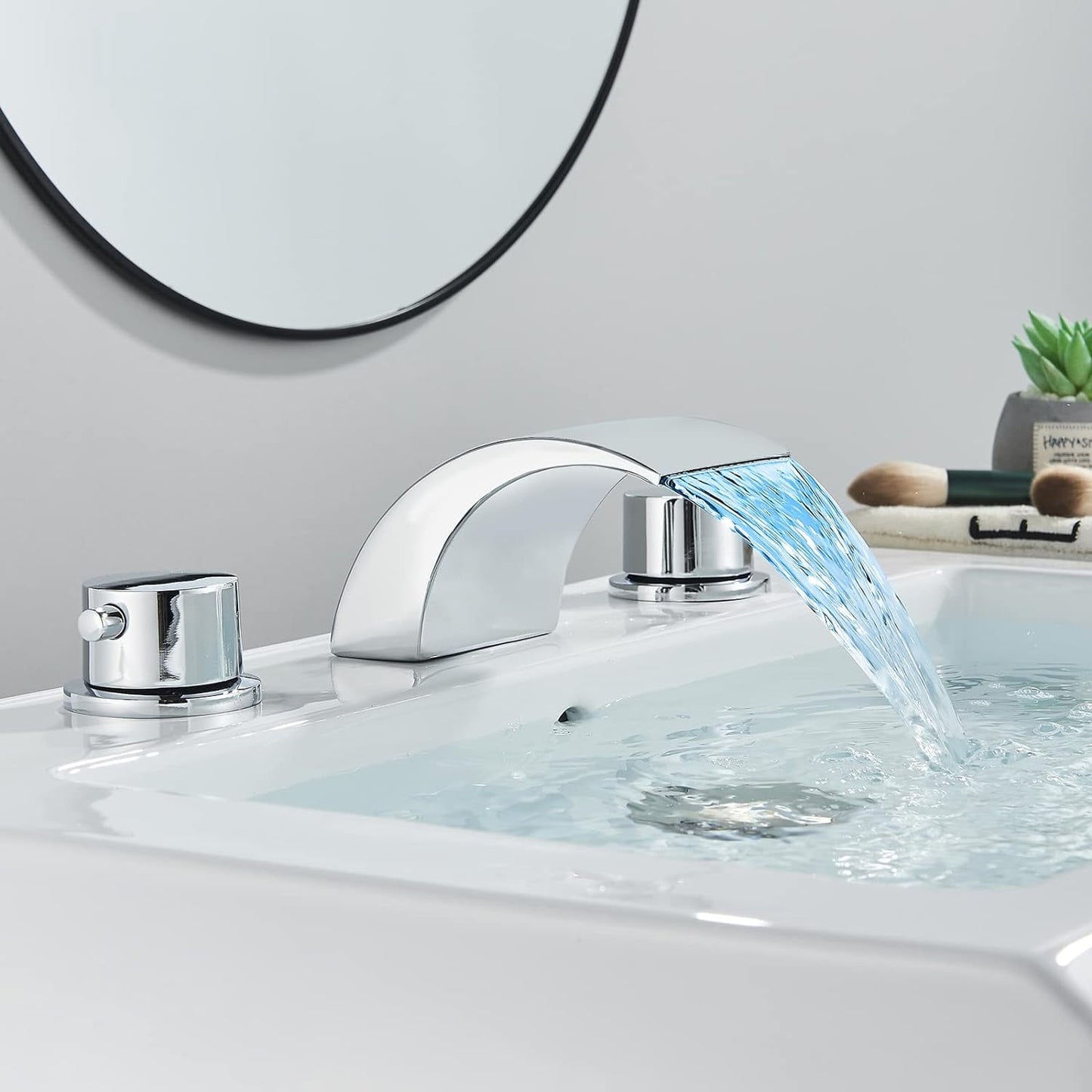 Zovajonia 3 Hole Bathroom Faucet, Matte Black Dual Crystal Knobs Vanity Basin LED Sink Faucet Mixer Bronze Bath Faucets,Widespread bathroom faucets for sink 3 hole Waterfall Tub Faucet