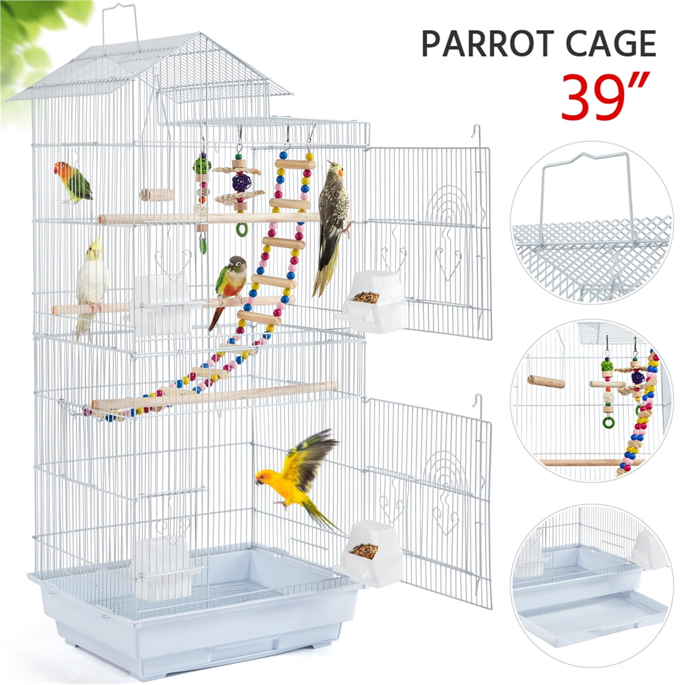SmileMart 39" Metal Bird Cage with Perches and Toys, Black