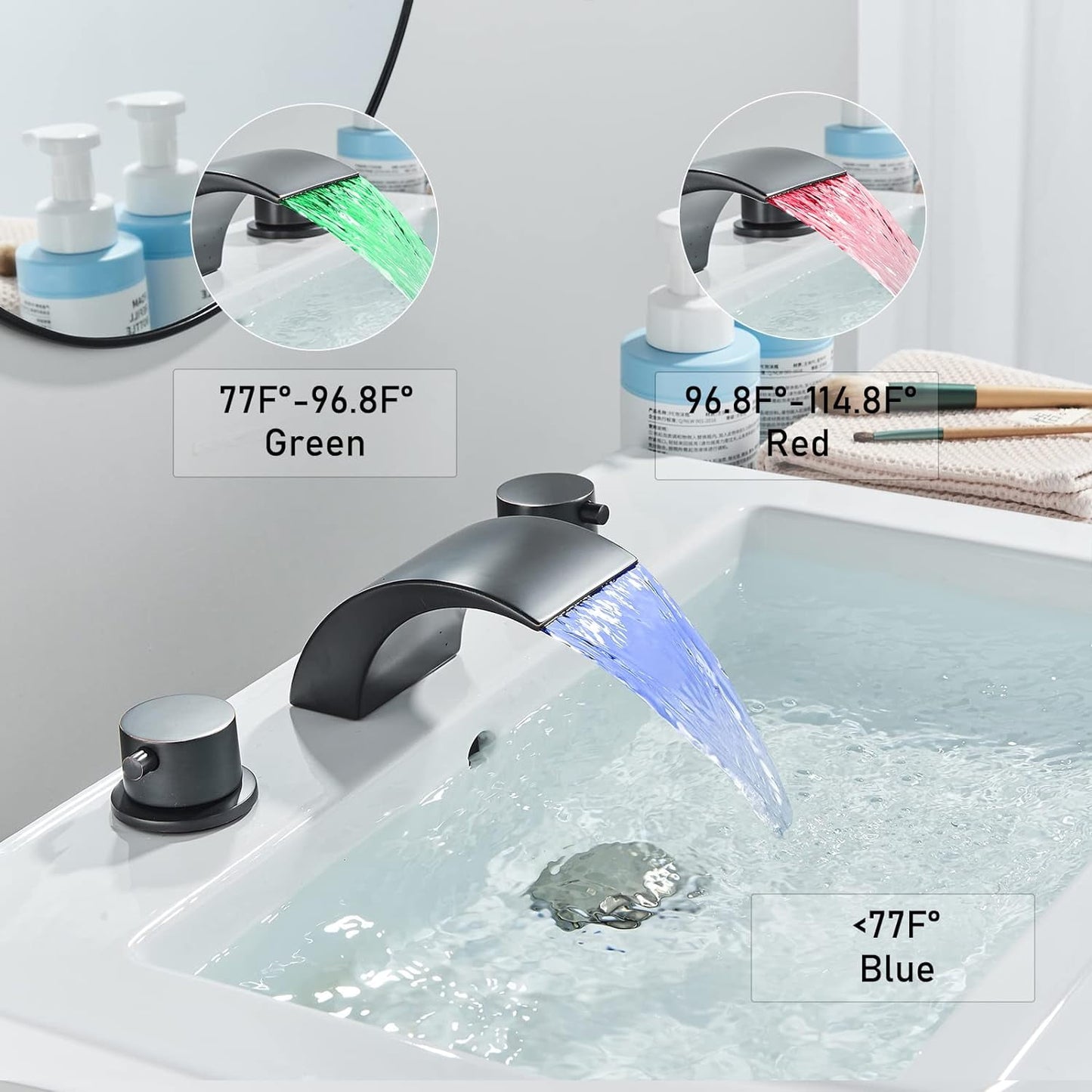 Zovajonia 3 Hole Bathroom Faucet, Matte Black Dual Crystal Knobs Vanity Basin LED Sink Faucet Mixer Bronze Bath Faucets,Widespread bathroom faucets for sink 3 hole Waterfall Tub Faucet