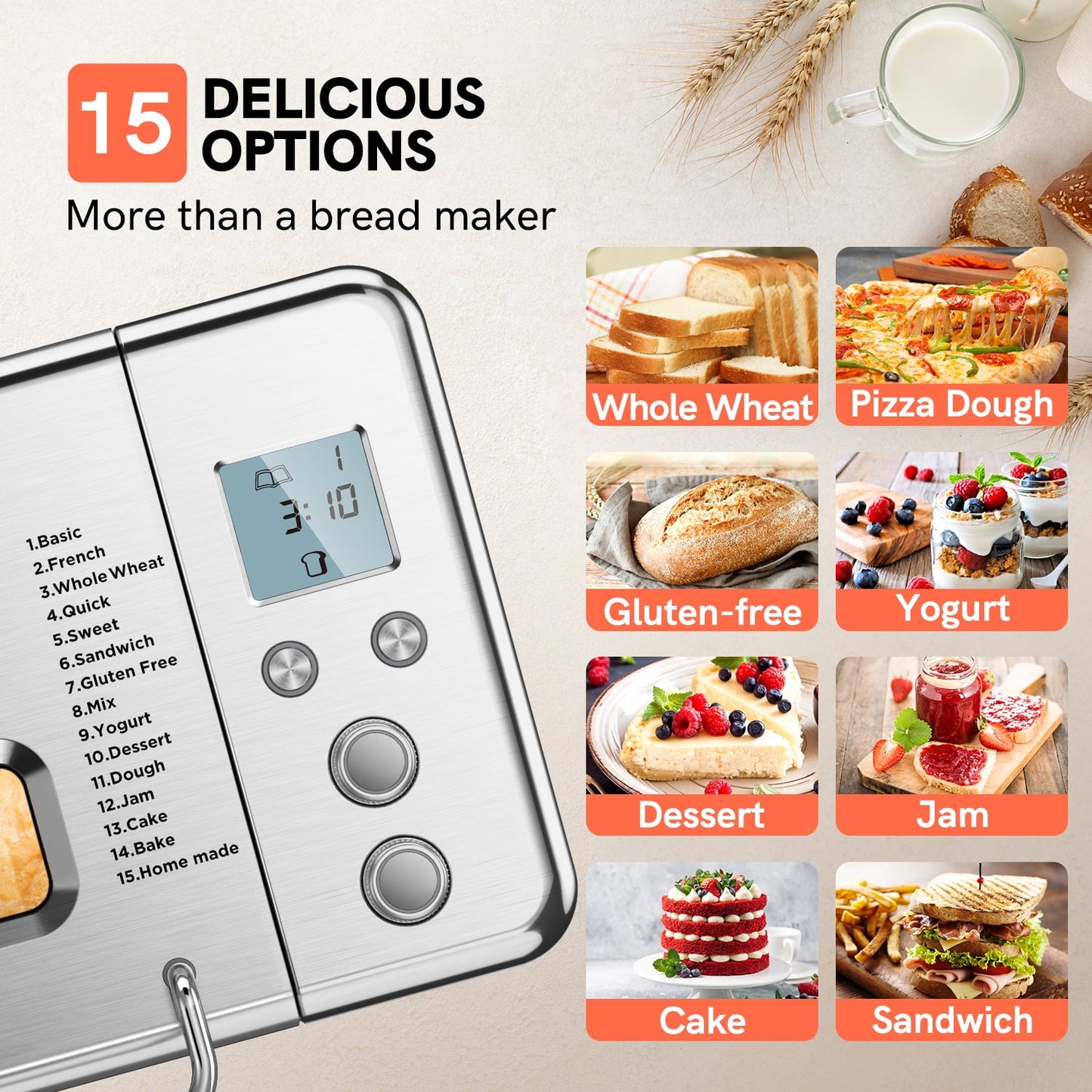 CalmDo CalmDo-CD-BM1KG Involly Bread Machine, 2.2LB Bread Maker 15-in-1 Toaster Maker with Fruit and Nut Dispense, LCD Display, Stainless Steel