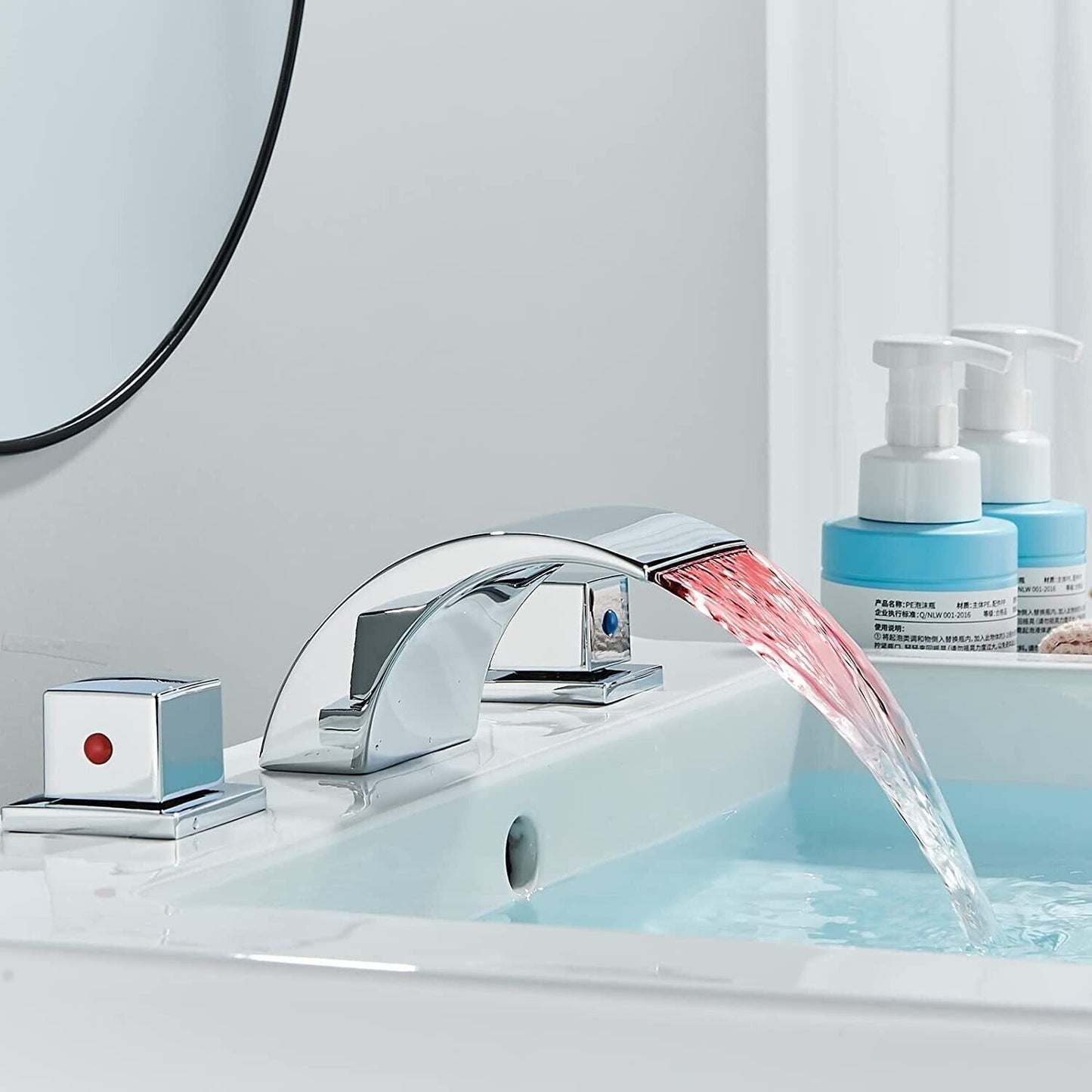 Zovajonia 3 Hole Bathroom Faucet, Matte Black Dual Crystal Knobs Vanity Basin LED Sink Faucet Mixer Bronze Bath Faucets,Widespread bathroom faucets for sink 3 hole Waterfall Tub Faucet