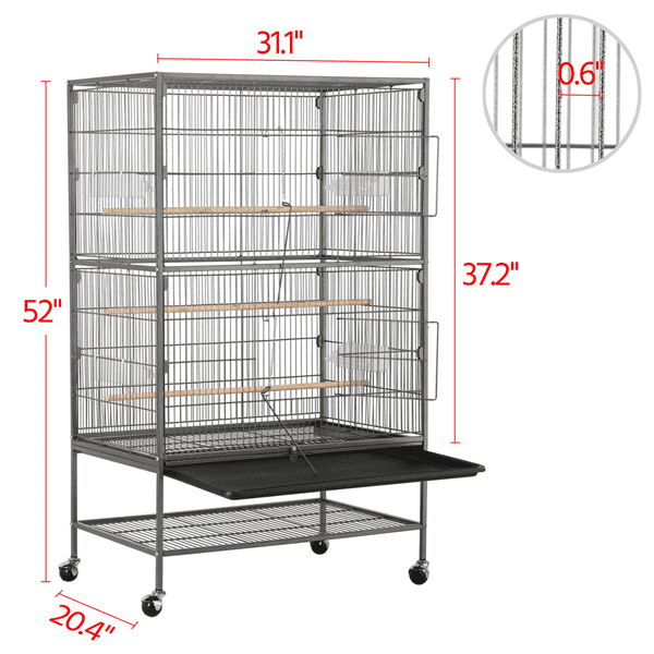 Alden Design Metal 52" Large Rolling Bird Cage with 3 Perches and 4 Feeders, Black