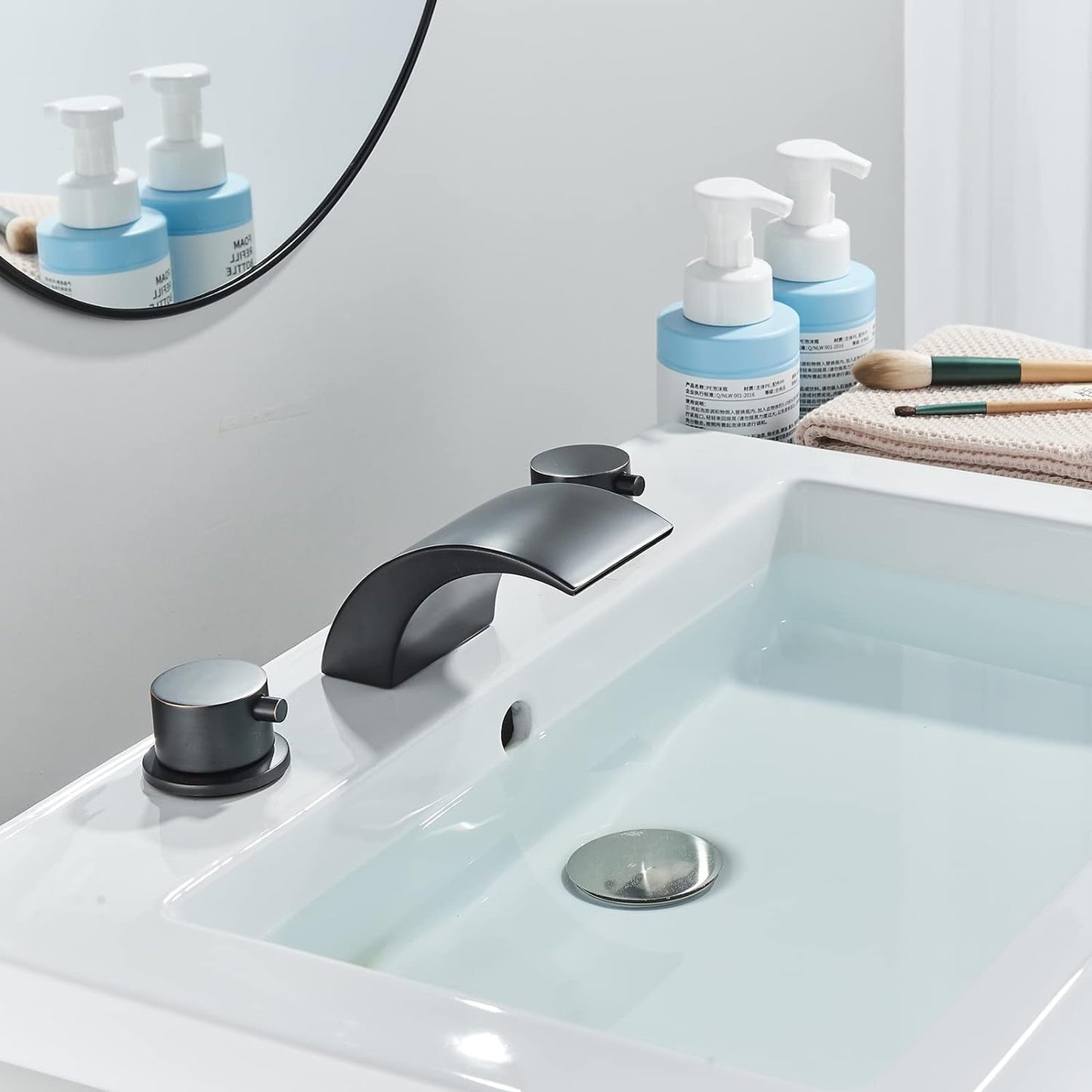 Zovajonia 3 Hole Bathroom Faucet, Matte Black Dual Crystal Knobs Vanity Basin LED Sink Faucet Mixer Bronze Bath Faucets,Widespread bathroom faucets for sink 3 hole Waterfall Tub Faucet