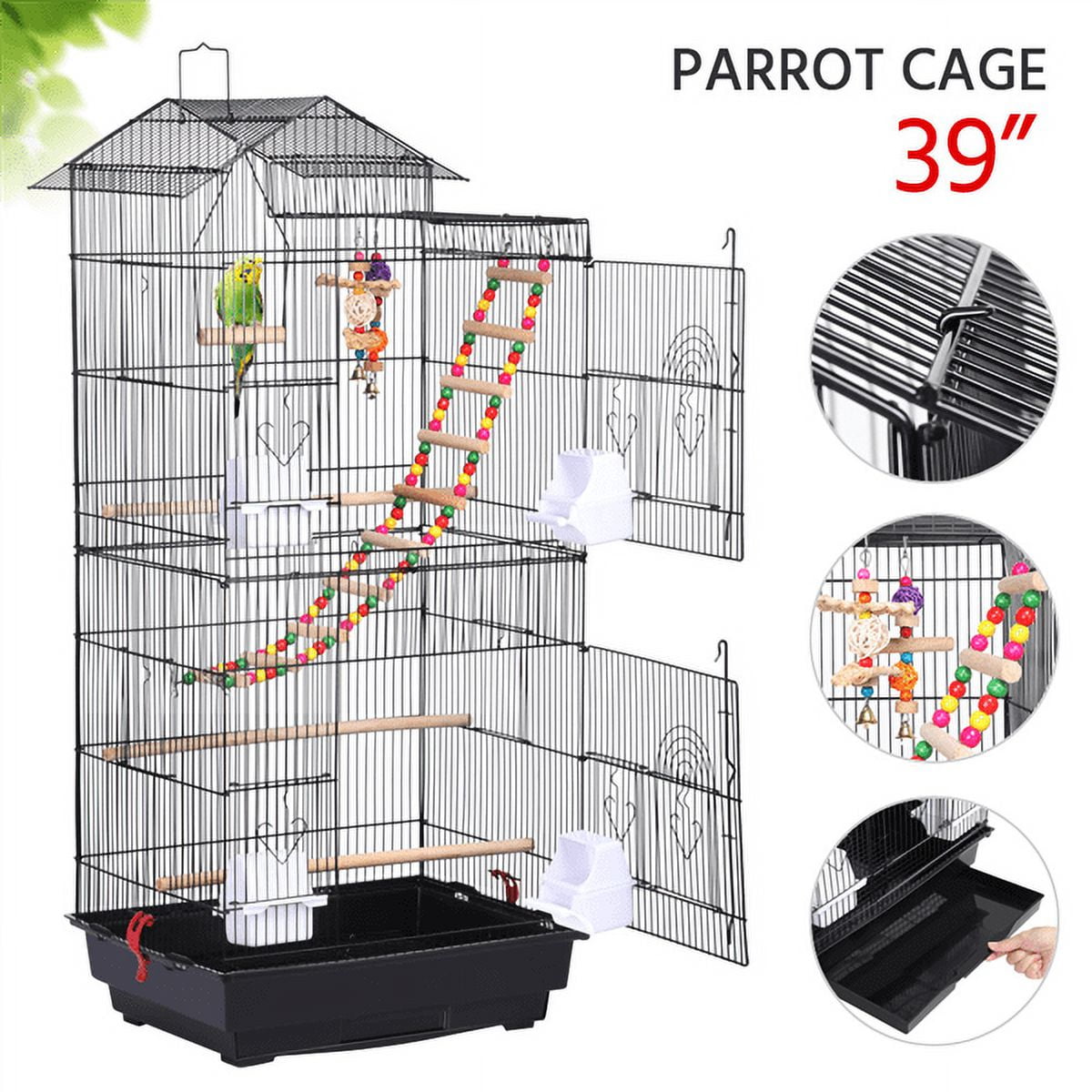SmileMart 39" Metal Bird Cage with Perches and Toys, Black