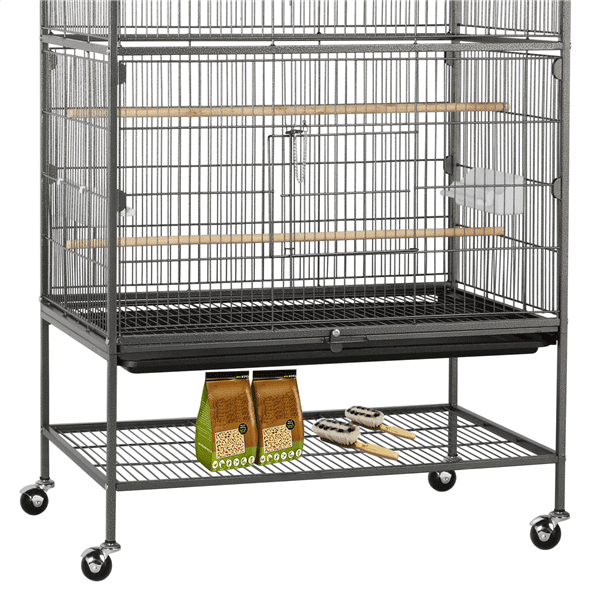 Alden Design Metal 52" Large Rolling Bird Cage with 3 Perches and 4 Feeders, Black