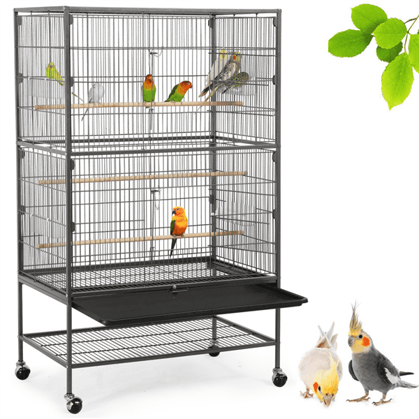 Alden Design Metal 52" Large Rolling Bird Cage with 3 Perches and 4 Feeders, Black