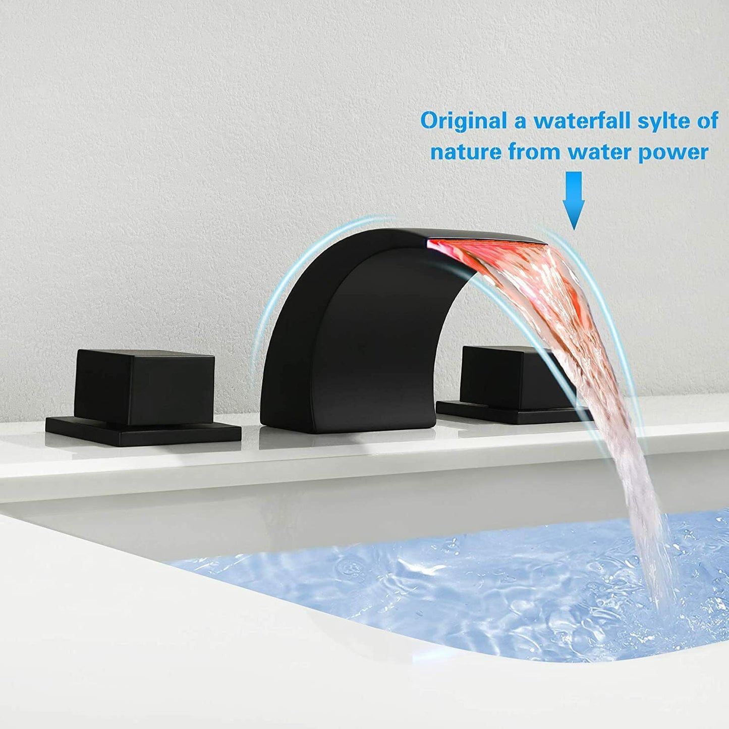 Zovajonia 3 Hole Bathroom Faucet, Matte Black Dual Crystal Knobs Vanity Basin LED Sink Faucet Mixer Bronze Bath Faucets,Widespread bathroom faucets for sink 3 hole Waterfall Tub Faucet