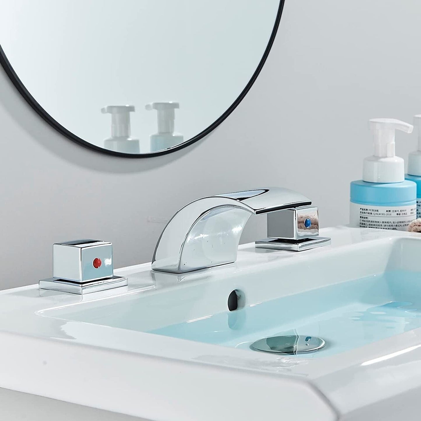 Zovajonia 3 Hole Bathroom Faucet, Matte Black Dual Crystal Knobs Vanity Basin LED Sink Faucet Mixer Bronze Bath Faucets,Widespread bathroom faucets for sink 3 hole Waterfall Tub Faucet