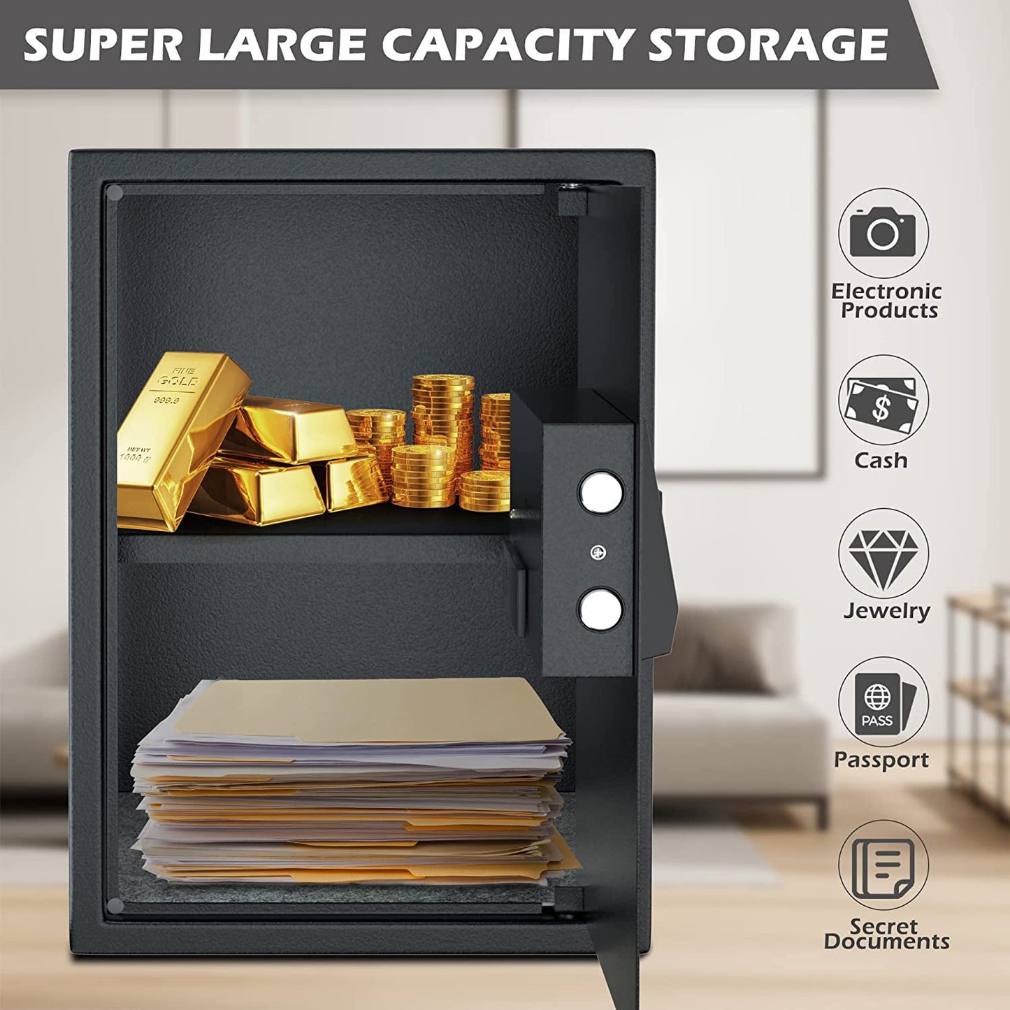 Reliancer Biometric Safe Box - 2.7 Cubic Feet Auto-Open Fingerprint Safe with 2Removable Shelf, Sensor Light,Full Felt Lining - Q345 Alloy Steel Home Safe - Luxury Cabinet Safe for Home Office Storage