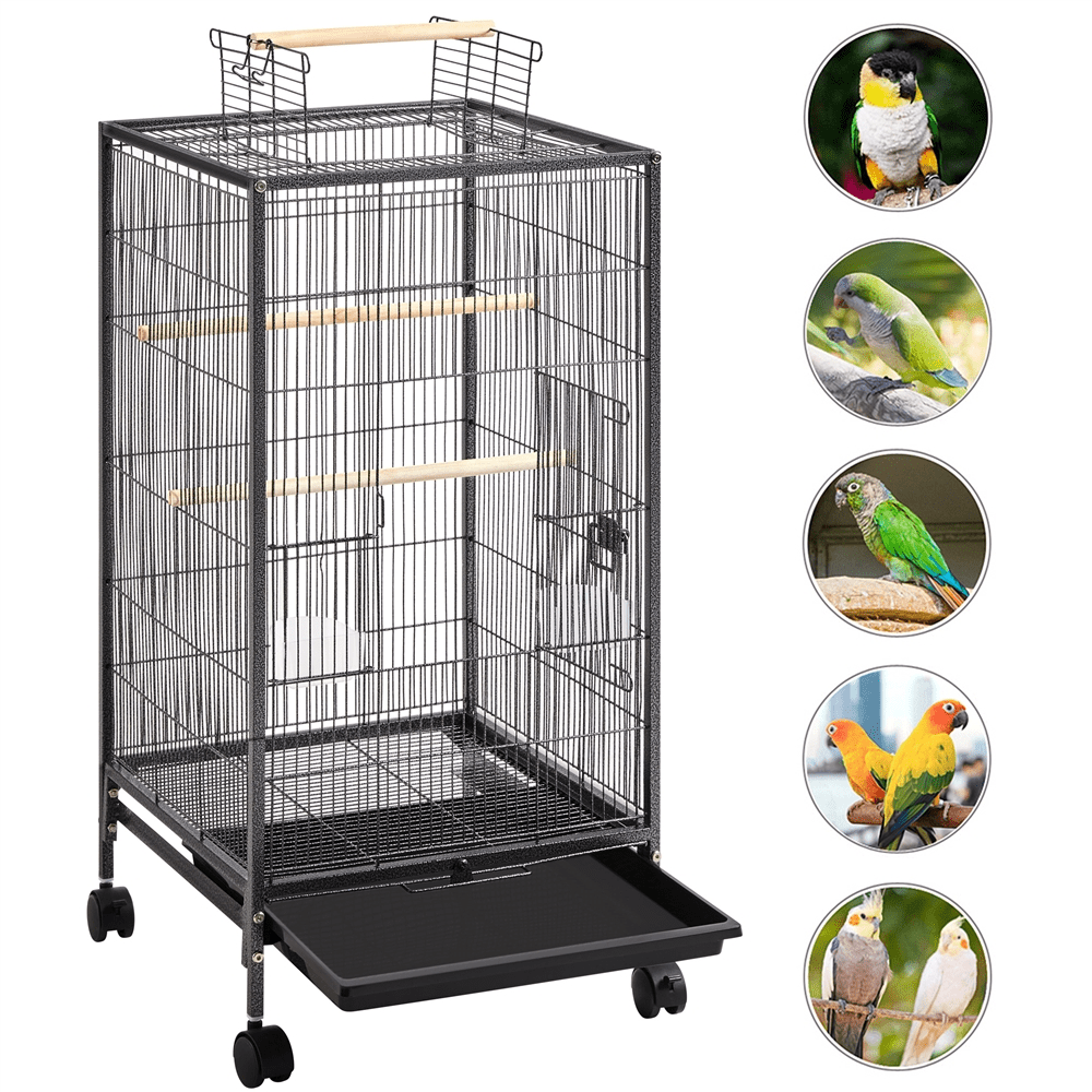 Topeakmart 40" H Wrought Iron Birdcage Open-Top Parrot Cage with Rolling Stand Black