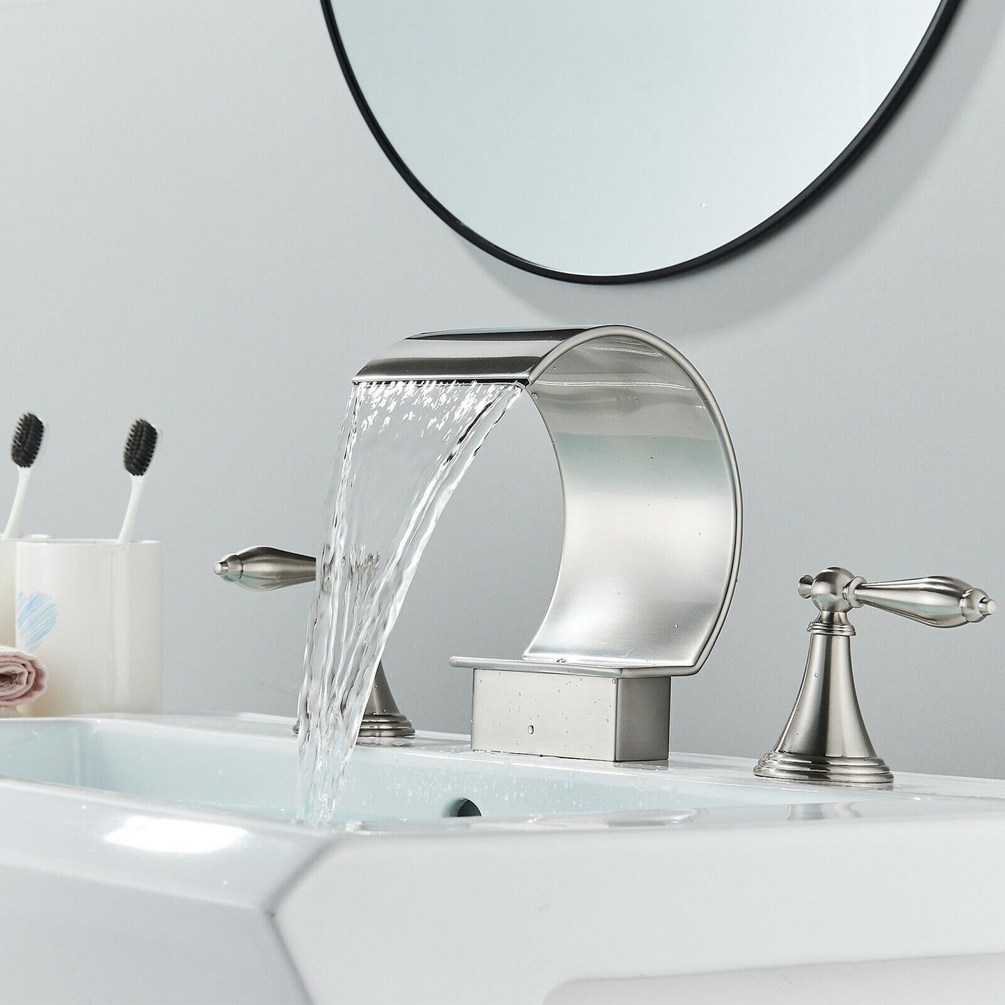 Zovajonia 3 Hole Bathroom Faucet, Matte Black Dual Crystal Knobs Vanity Basin LED Sink Faucet Mixer Bronze Bath Faucets,Widespread bathroom faucets for sink 3 hole Waterfall Tub Faucet