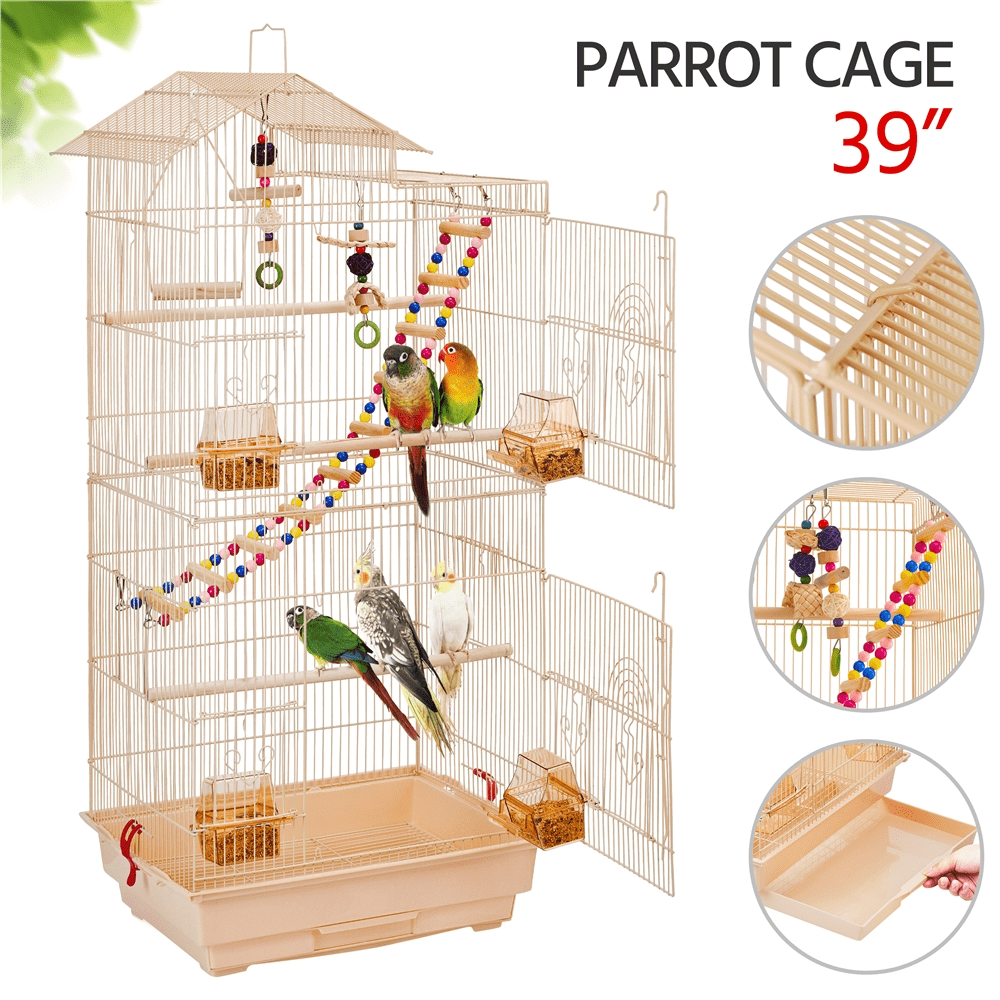 SmileMart 39" Metal Bird Cage with Perches and Toys, Black