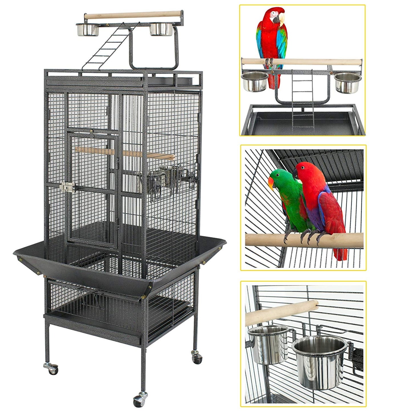ZENSTYLE 61" Large Bird Cage with Rolling Stand Parrot Cage Cockatiel House Wrought Iron Birdcage, Black