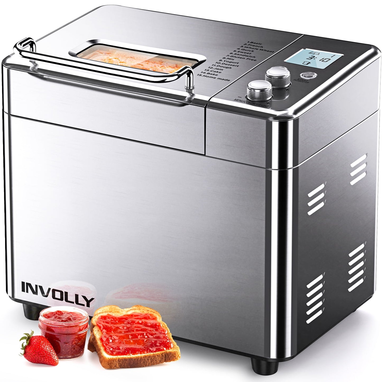 CalmDo CalmDo-CD-BM1KG Involly Bread Machine, 2.2LB Bread Maker 15-in-1 Toaster Maker with Fruit and Nut Dispense, LCD Display, Stainless Steel