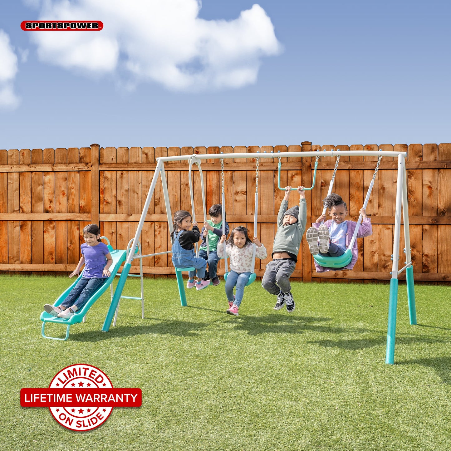Sportspower Arcadia Metal Swing Set with Trapeze, 2 Person Glider Swing, and Lifetime Warranty on Blow Molded Slide