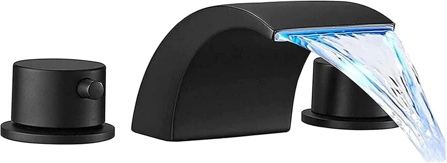 Zovajonia 3 Hole Bathroom Faucet, Matte Black Dual Crystal Knobs Vanity Basin LED Sink Faucet Mixer Bronze Bath Faucets,Widespread bathroom faucets for sink 3 hole Waterfall Tub Faucet