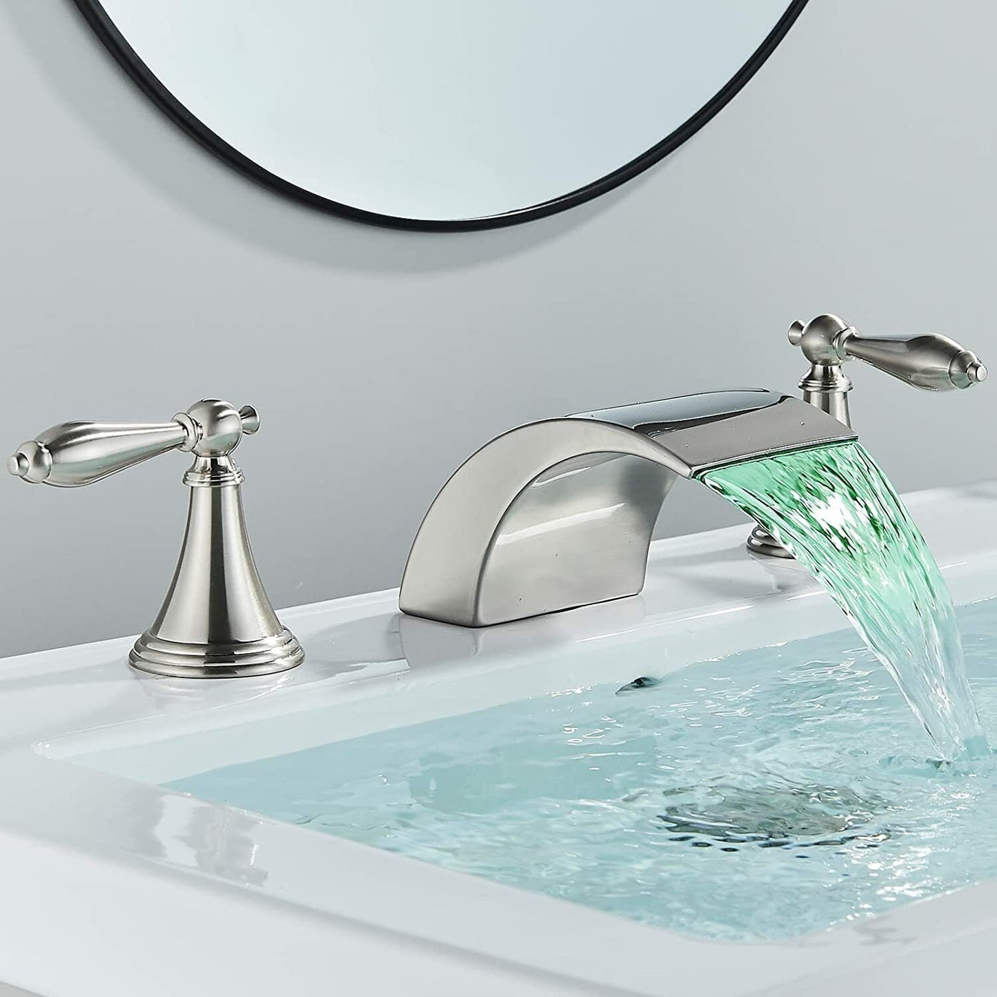 Zovajonia 3 Hole Bathroom Faucet, Matte Black Dual Crystal Knobs Vanity Basin LED Sink Faucet Mixer Bronze Bath Faucets,Widespread bathroom faucets for sink 3 hole Waterfall Tub Faucet