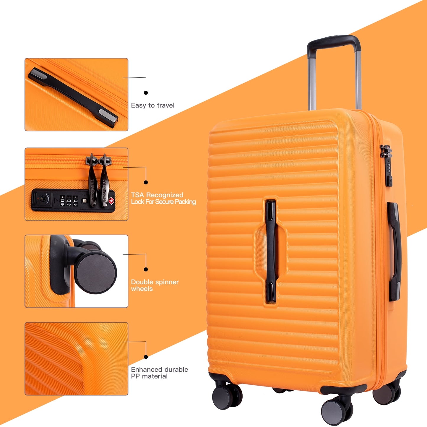 Travelhouse 3 Piece Hardside Luggage Set Hardshell Lightweight Suitcase with TSA Lock Spinner Wheels 3 .(Orange)