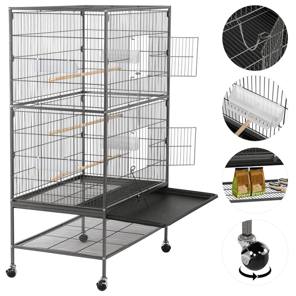 Alden Design Metal 52" Large Rolling Bird Cage with 3 Perches and 4 Feeders, Black