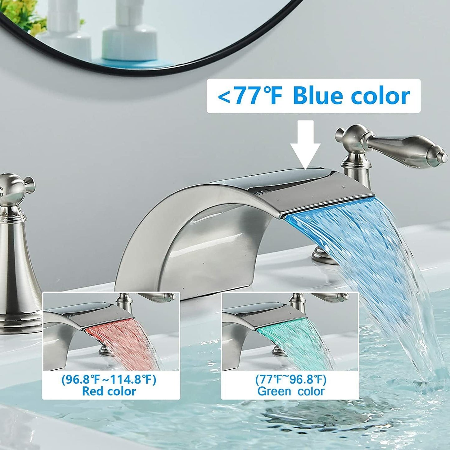 Zovajonia 3 Hole Bathroom Faucet, Matte Black Dual Crystal Knobs Vanity Basin LED Sink Faucet Mixer Bronze Bath Faucets,Widespread bathroom faucets for sink 3 hole Waterfall Tub Faucet