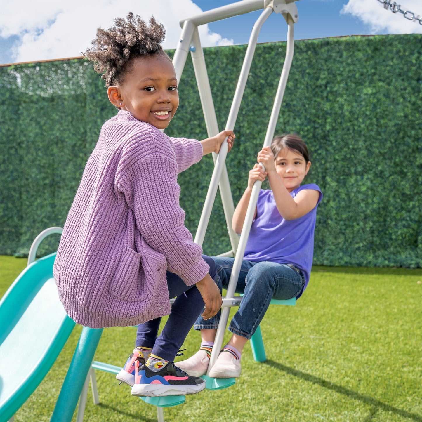 Sportspower Arcadia Metal Swing Set with Trapeze, 2 Person Glider Swing, and Lifetime Warranty on Blow Molded Slide