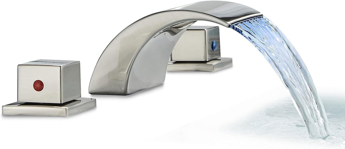 Zovajonia 3 Hole Bathroom Faucet, Matte Black Dual Crystal Knobs Vanity Basin LED Sink Faucet Mixer Bronze Bath Faucets,Widespread bathroom faucets for sink 3 hole Waterfall Tub Faucet