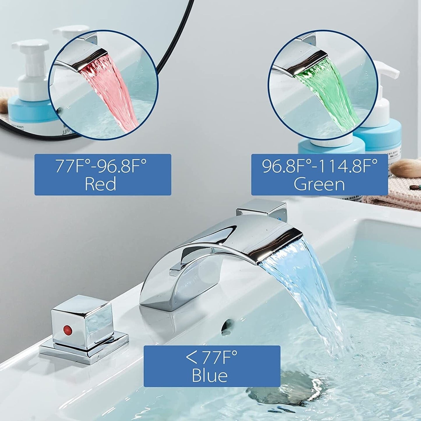 Zovajonia 3 Hole Bathroom Faucet, Matte Black Dual Crystal Knobs Vanity Basin LED Sink Faucet Mixer Bronze Bath Faucets,Widespread bathroom faucets for sink 3 hole Waterfall Tub Faucet