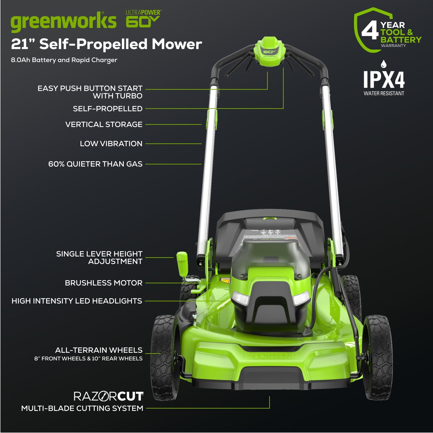 Greenworks 60V 21" Self Propelled Lawn Mower with 8.0 Ah Battery & Rapid Charger 2546402