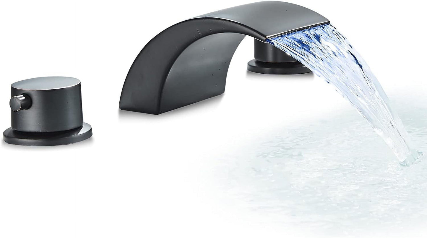 Zovajonia 3 Hole Bathroom Faucet, Matte Black Dual Crystal Knobs Vanity Basin LED Sink Faucet Mixer Bronze Bath Faucets,Widespread bathroom faucets for sink 3 hole Waterfall Tub Faucet