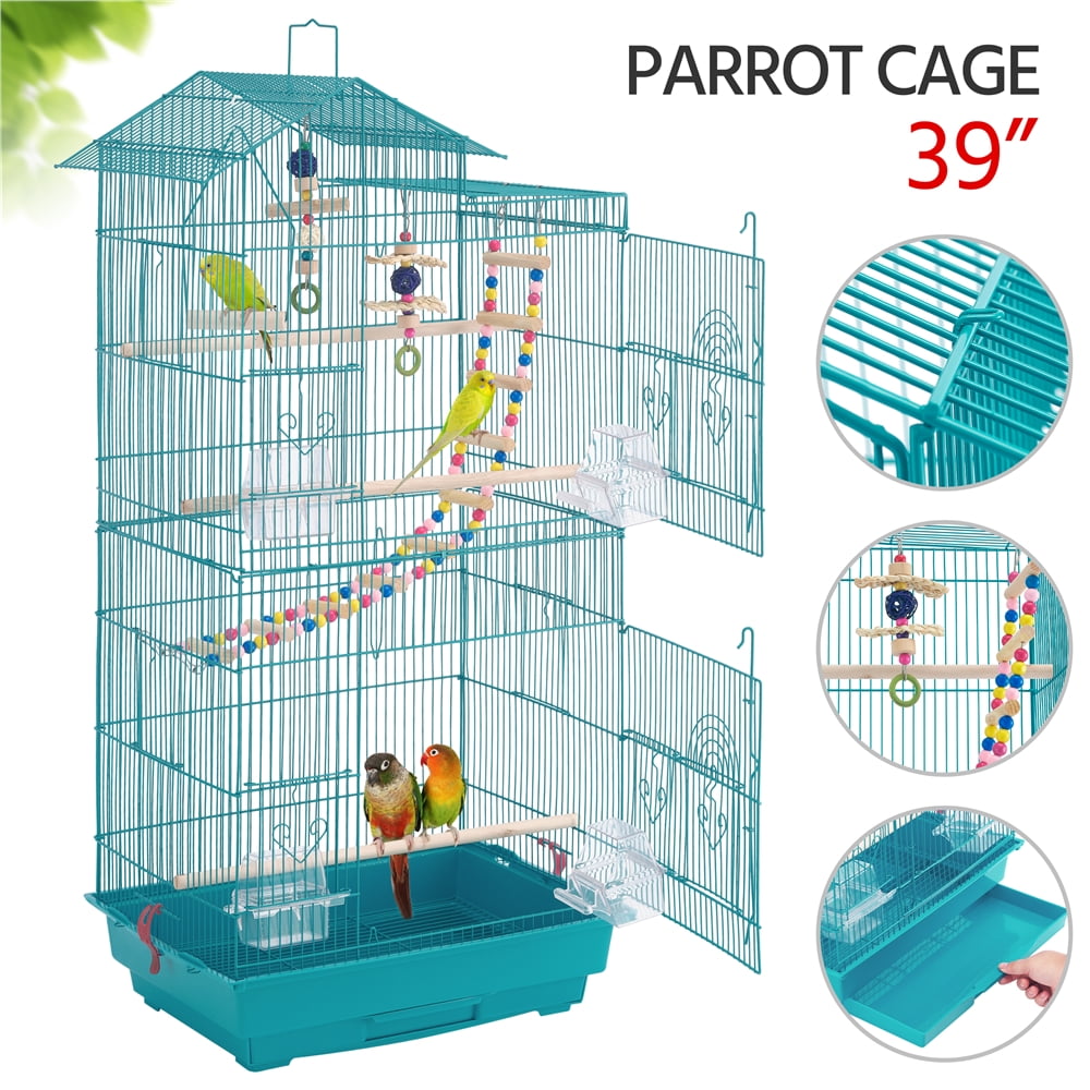 SmileMart 39" Metal Bird Cage with Perches and Toys, Black