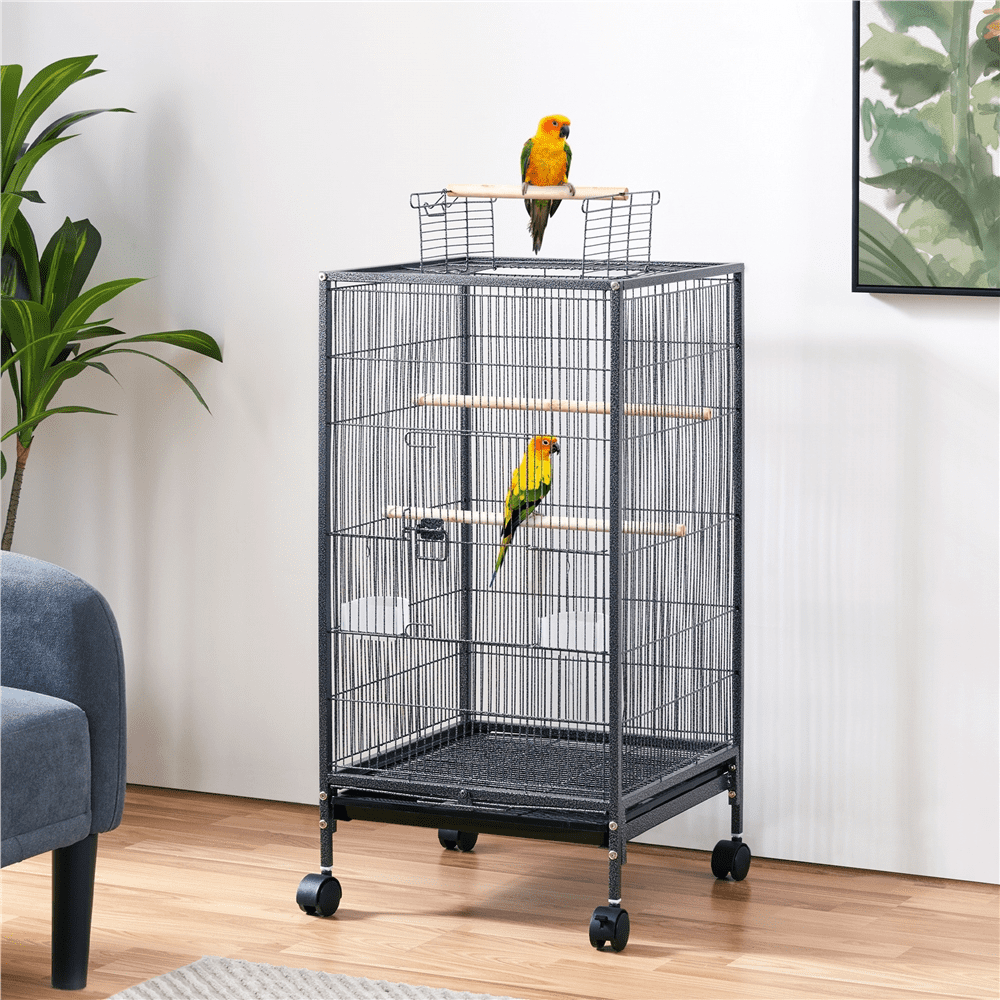 Topeakmart 40" H Wrought Iron Birdcage Open-Top Parrot Cage with Rolling Stand Black