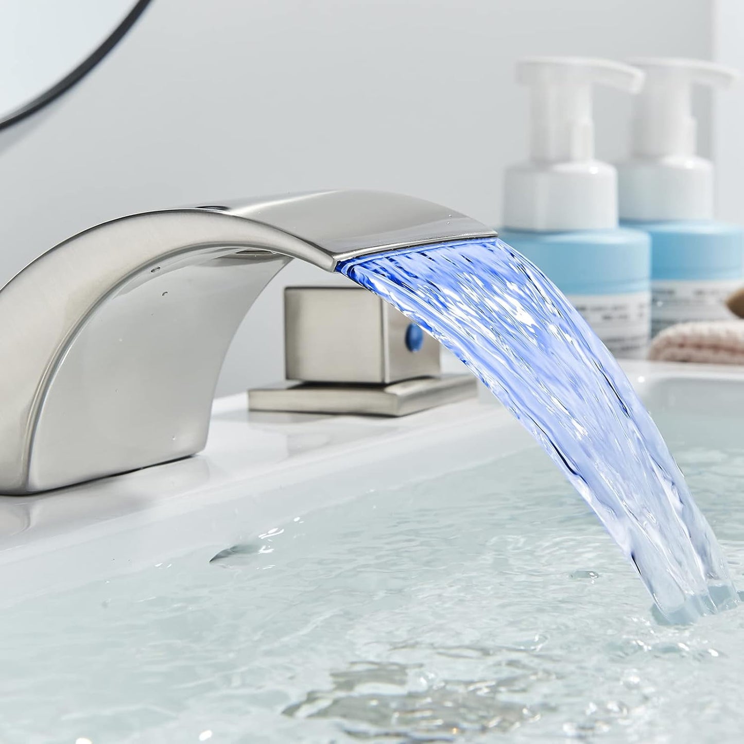 Zovajonia 3 Hole Bathroom Faucet, Matte Black Dual Crystal Knobs Vanity Basin LED Sink Faucet Mixer Bronze Bath Faucets,Widespread bathroom faucets for sink 3 hole Waterfall Tub Faucet