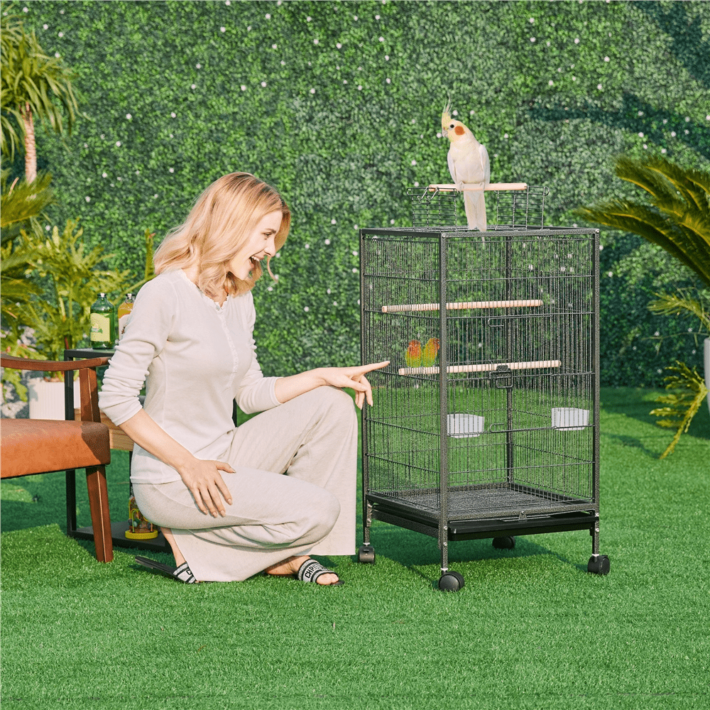Topeakmart 40" H Wrought Iron Birdcage Open-Top Parrot Cage with Rolling Stand Black