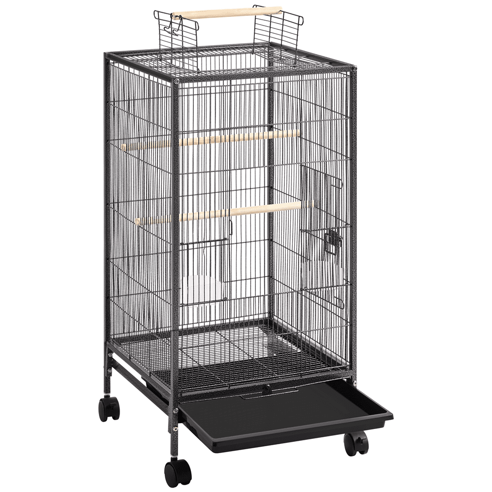 Topeakmart 40" H Wrought Iron Birdcage Open-Top Parrot Cage with Rolling Stand Black