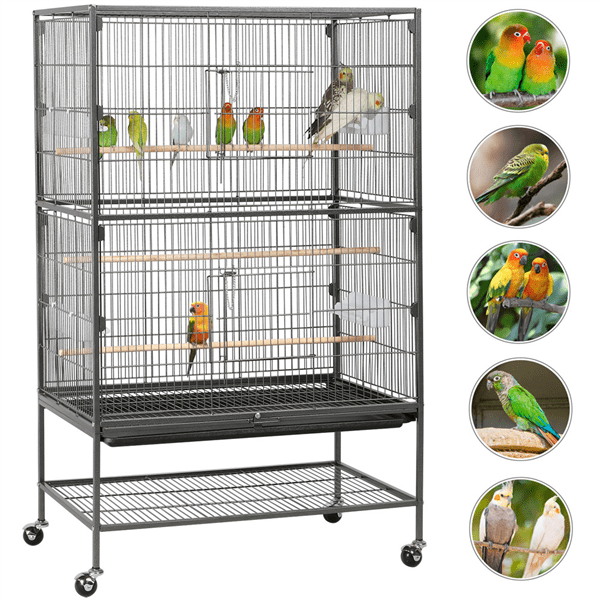 Alden Design Metal 52" Large Rolling Bird Cage with 3 Perches and 4 Feeders, Black