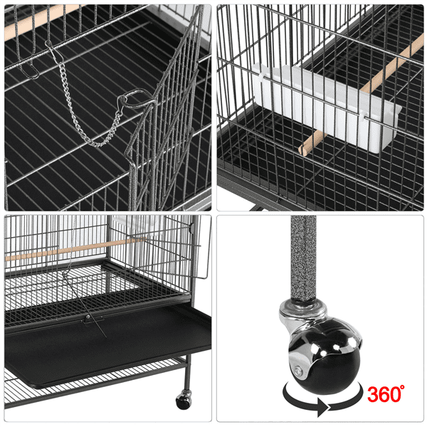 Alden Design Metal 52" Large Rolling Bird Cage with 3 Perches and 4 Feeders, Black